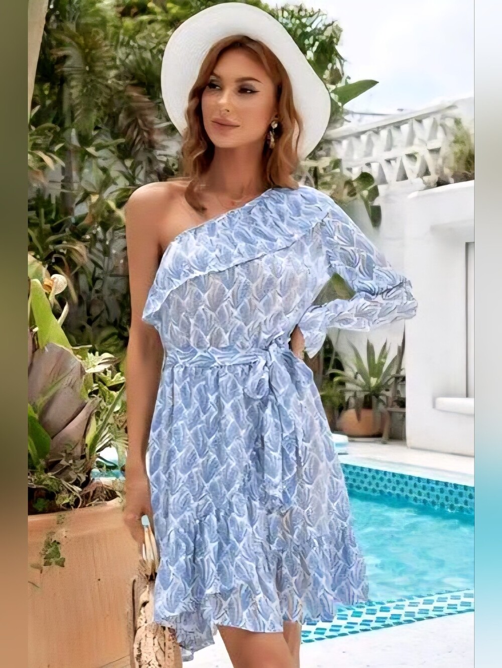 LAST ONE! White and Blue One Sleeve Ruffle Mini Dress With Wrap